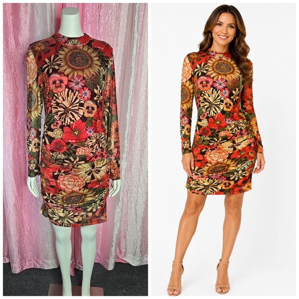 Farm Rio Neon Garden Floral Print Long Sleeve Bodycon Dress Size Large